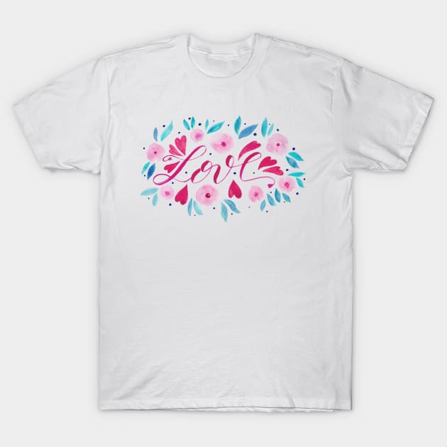 Love and flowers - pink and turquoise T-Shirt by wackapacka